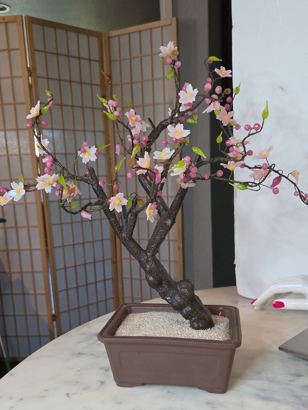 Pink Blossom Artificial Bonsai Tree in Brown Planter - Home Accents Decor